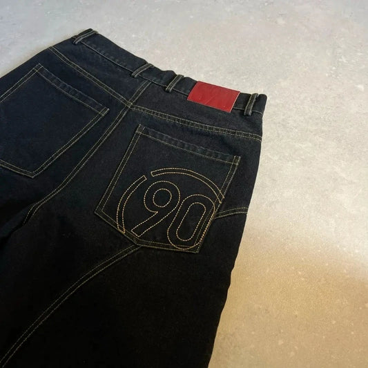 Y2K American Vintage Denim Shorts Embroidery Number 90 Pattern Bright Line Street Shorts Hip Hop Harajuku Unisex Wide Leg Pant