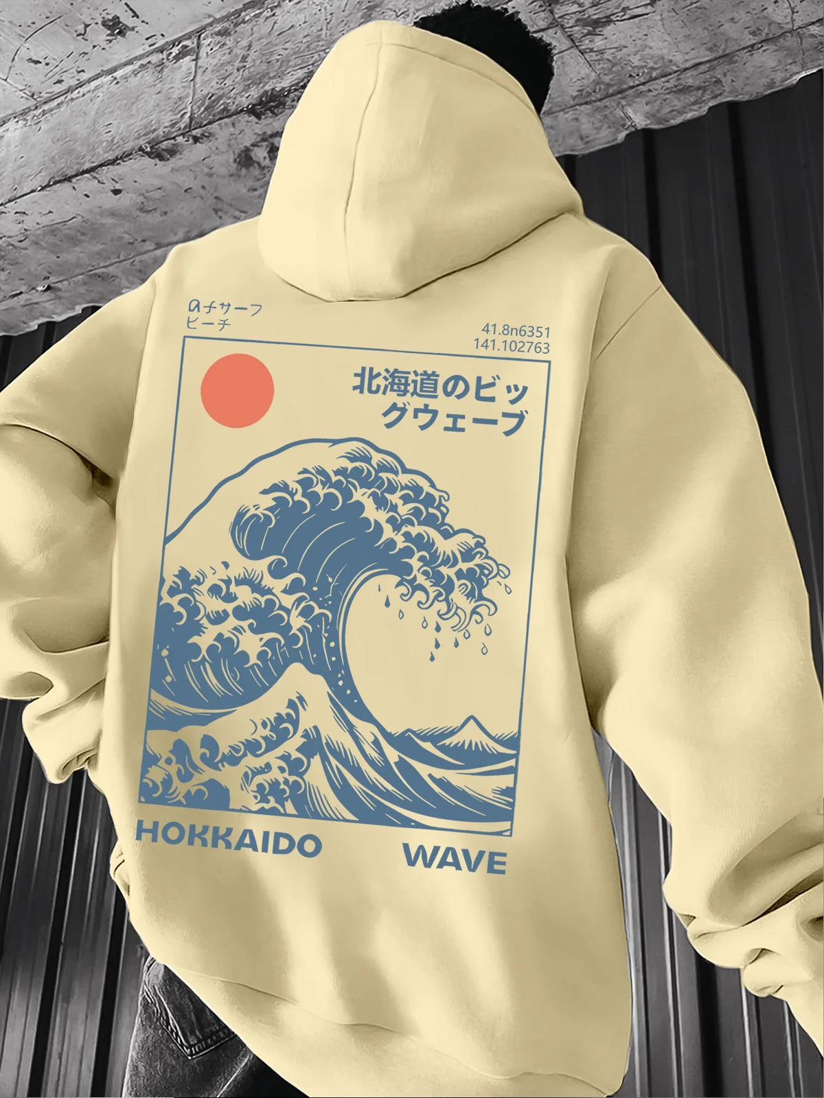A men's hoodie with a retro style inspired by the refreshing sea waves at sunrise in an American style men's clothing streetwear