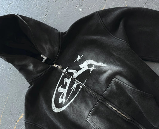 Fashion Vintage Print Zip Up Hoodie Y2k New Harajuku Hip Hop Long Sleeve Coats Loose Hooded Sweatshirt Men and Women Streetwear