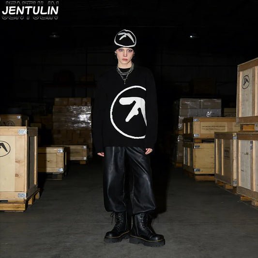 Men's Clothing Sweater And Cap Woman Y2K Aphex Twin Knit Set Pullovers Gothic Winter Graphic Streetwear Long Sleeve Tops Vintage