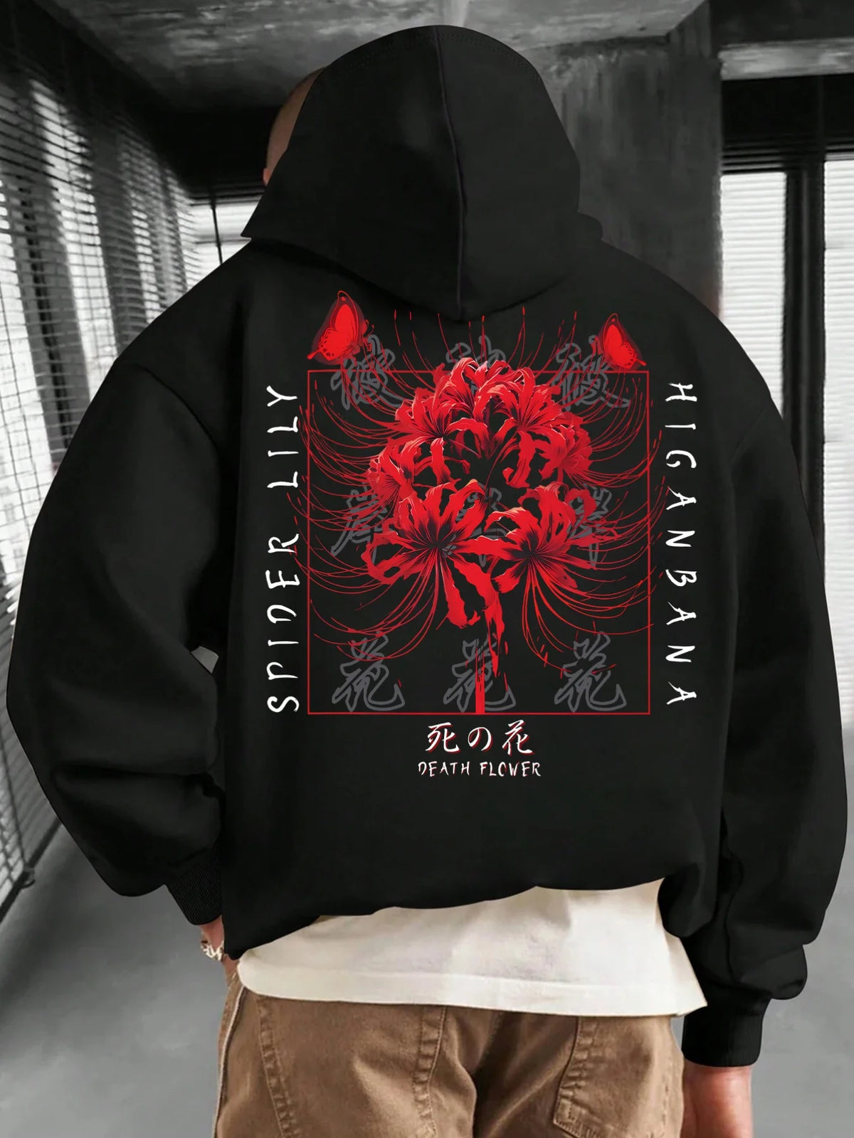 Streetwear Y2K trendy hip-hop style spider lily print men's autumn/winter hooded sweatshirt, fashionable, casual, loose fit.
