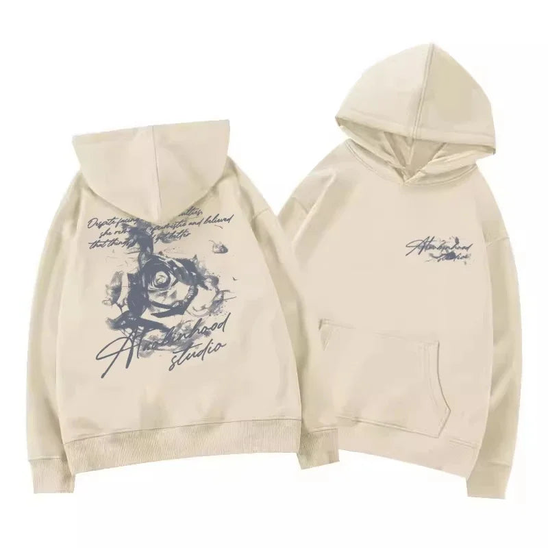 Men's Vintage Rose Print Hoodie Sweatshirt Oversized Streetwear Cursive Letter Graphic Pullover Casual Sweatshirt Fall Winter