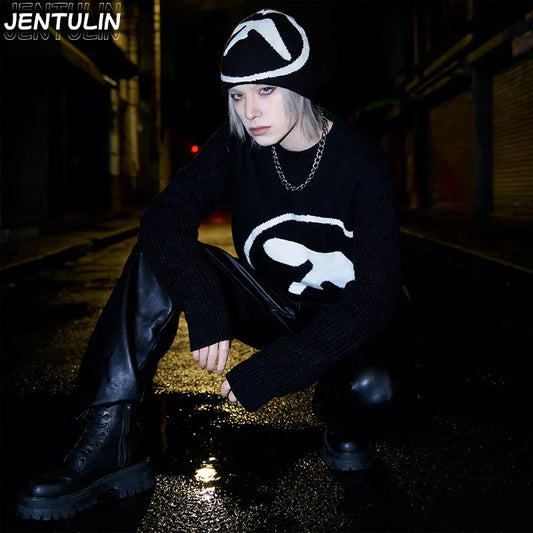 Men's Clothing Sweater And Cap Woman Y2K Aphex Twin Knit Set Pullovers Gothic Winter Graphic Streetwear Long Sleeve Tops Vintage