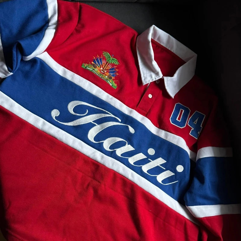 Mens Polo Shirt Harajuku Y2K Streetwear Striped Contrast Rugby Polo Long Sleeve Haiti Embroidery Loose Fit Casual Unisex Fashion