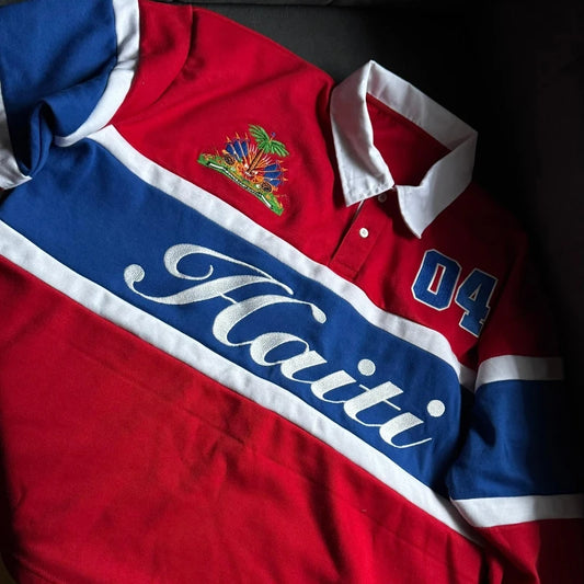 Mens Polo Shirt Harajuku Y2K Streetwear Striped Contrast Rugby Polo Long Sleeve Haiti Embroidery Loose Fit Casual Unisex Fashion
