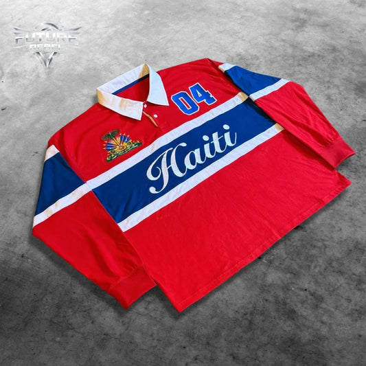 Mens Polo Shirt Harajuku Y2K Streetwear Striped Contrast Rugby Polo Long Sleeve Haiti Embroidery Loose Fit Casual Unisex Fashion