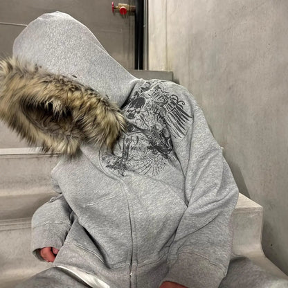 2000s Vintage Therian Fur Hood Jacket Y2k Goth Zip Up Hoodie Oversized Graphic Sweatshirt Emo Grunge Streetwear Fall Winter 2026