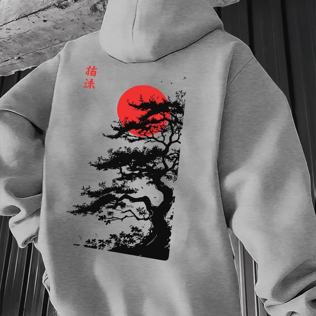 Men's Japanese Red Sun Pine Tree Graphic Hoodie Sweatshirt Sumi-e Ink Art Print Oriental Streetwear Oversized Pullover Autumn