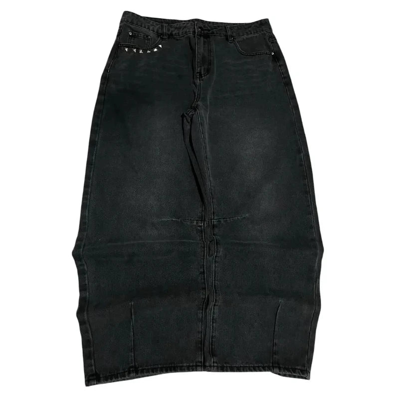 Washed Black Baggy Men Monster Tooth Embroidery Jeans Pocket Wide Leg Denim Pants Y2k Streetwear Hip Hop Loose Trousers Unisex