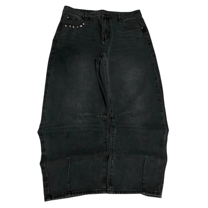 Washed Black Baggy Men Monster Tooth Embroidery Jeans Pocket Wide Leg Denim Pants Y2k Streetwear Hip Hop Loose Trousers Unisex