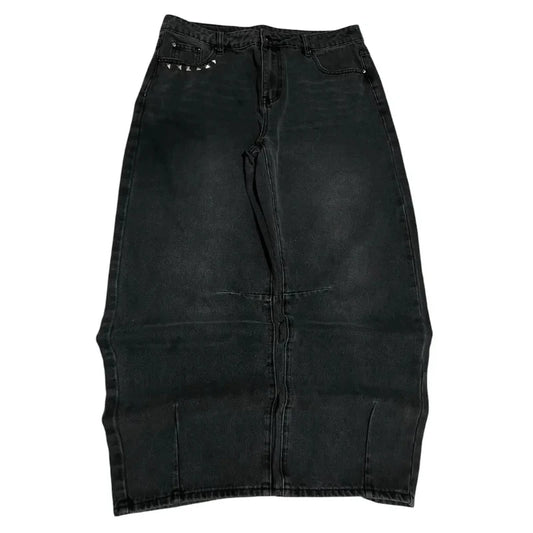 Washed Black Baggy Men Monster Tooth Embroidery Jeans Pocket Wide Leg Denim Pants Y2k Streetwear Hip Hop Loose Trousers Unisex