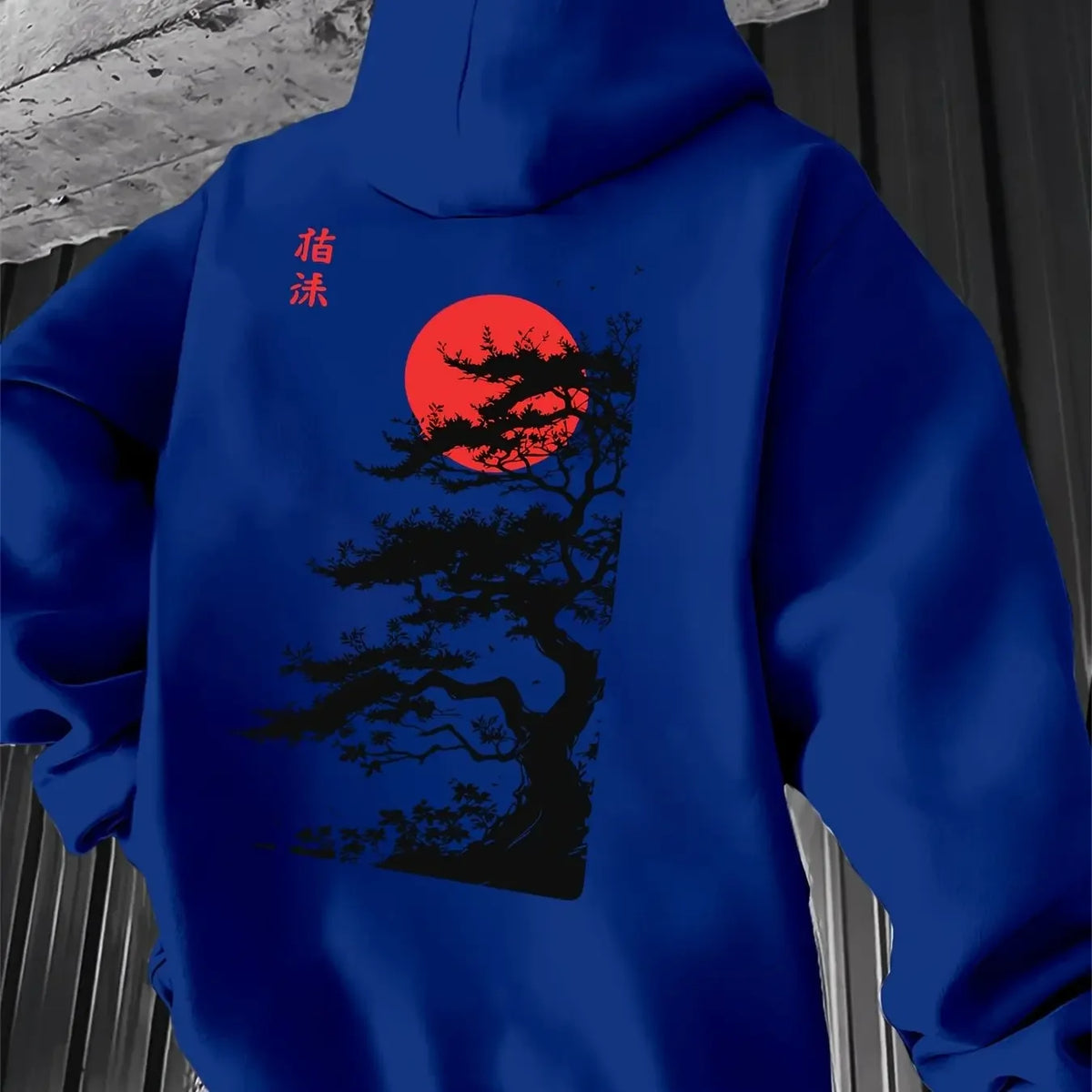 Men's Japanese Red Sun Pine Tree Graphic Hoodie Sweatshirt Sumi-e Ink Art Print Oriental Streetwear Oversized Pullover Autumn