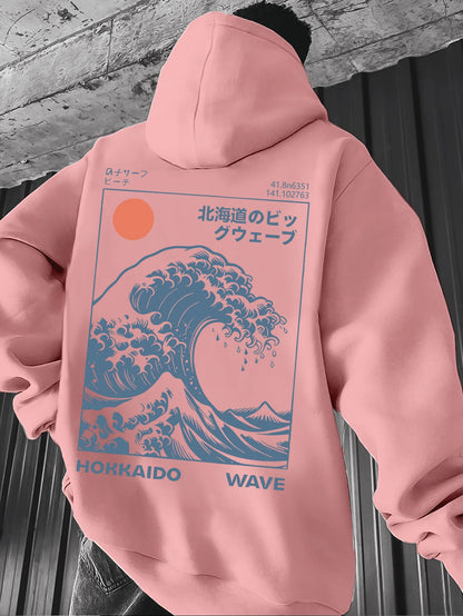 A men's hoodie with a retro style inspired by the refreshing sea waves at sunrise in an American style men's clothing streetwear