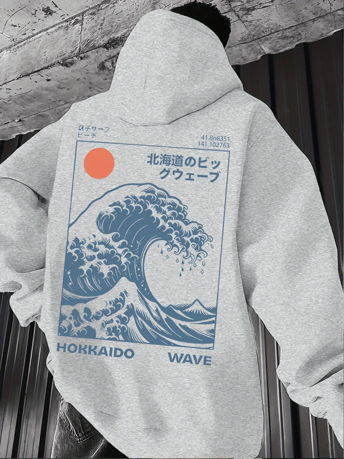 A men's hoodie with a retro style inspired by the refreshing sea waves at sunrise in an American style men's clothing streetwear