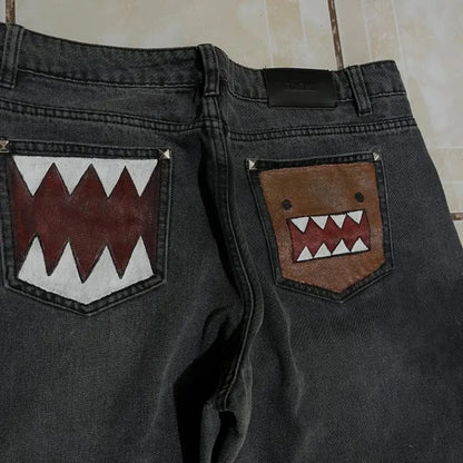 Washed Black Baggy Men Monster Tooth Embroidery Jeans Pocket Wide Leg Denim Pants Y2k Streetwear Hip Hop Loose Trousers Unisex
