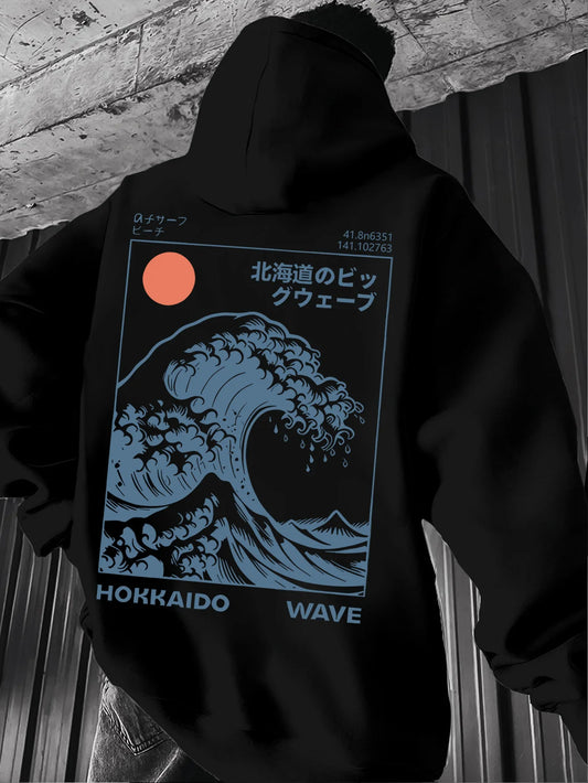 A men's hoodie with a retro style inspired by the refreshing sea waves at sunrise in an American style men's clothing streetwear