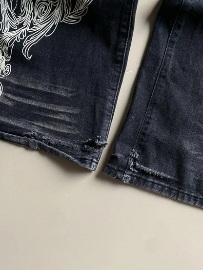 American New Fashion Oversized Print Black Old Baggy Jeans Women Y2K Harajuku Hip Hop Popular Casual Joker Wide-leg Pants
