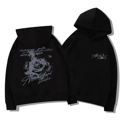 Men's Vintage Rose Print Hoodie Sweatshirt Oversized Streetwear Cursive Letter Graphic Pullover Casual Sweatshirt Fall Winter