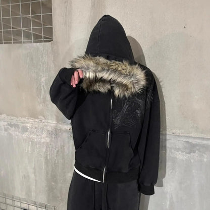 2000s Vintage Therian Fur Hood Jacket Y2k Goth Zip Up Hoodie Oversized Graphic Sweatshirt Emo Grunge Streetwear Fall Winter 2026