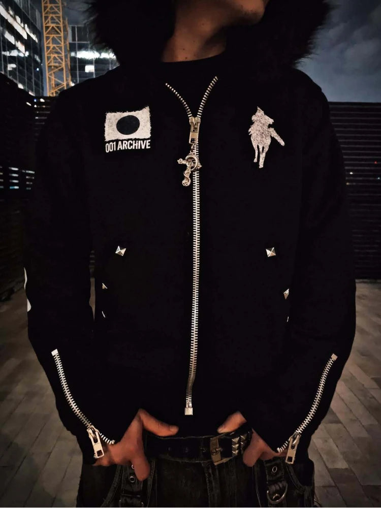 Y2K Japanese Harajuku Streetwear European Youth Rivet Fashion Wool Pullover Men's Urban Casual Hooded Hip-Hop Printed Sweatshirt