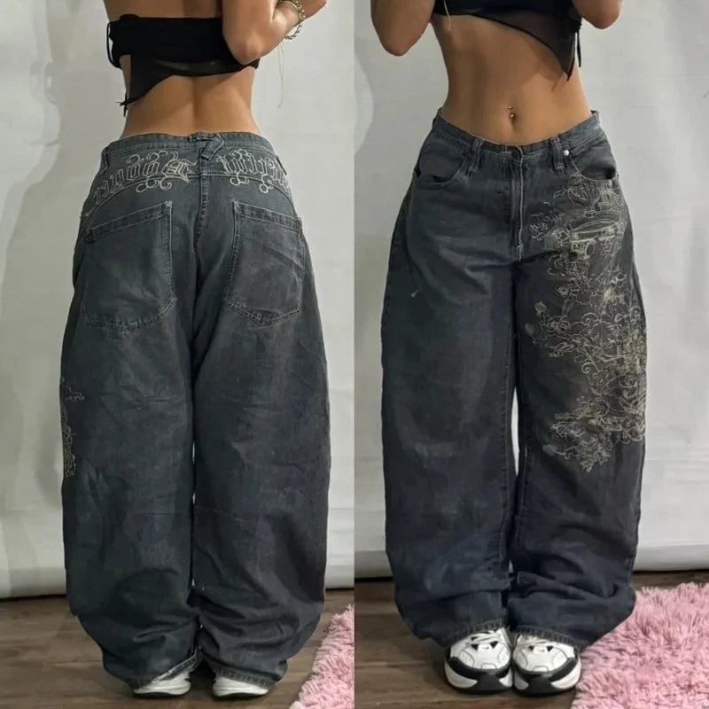 American New Fashion Oversized Print Black Old Baggy Jeans Women Y2K Harajuku Hip Hop Popular Casual Joker Wide-leg Pants