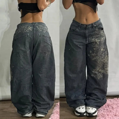 American New Fashion Oversized Print Black Old Baggy Jeans Women Y2K Harajuku Hip Hop Popular Casual Joker Wide-leg Pants