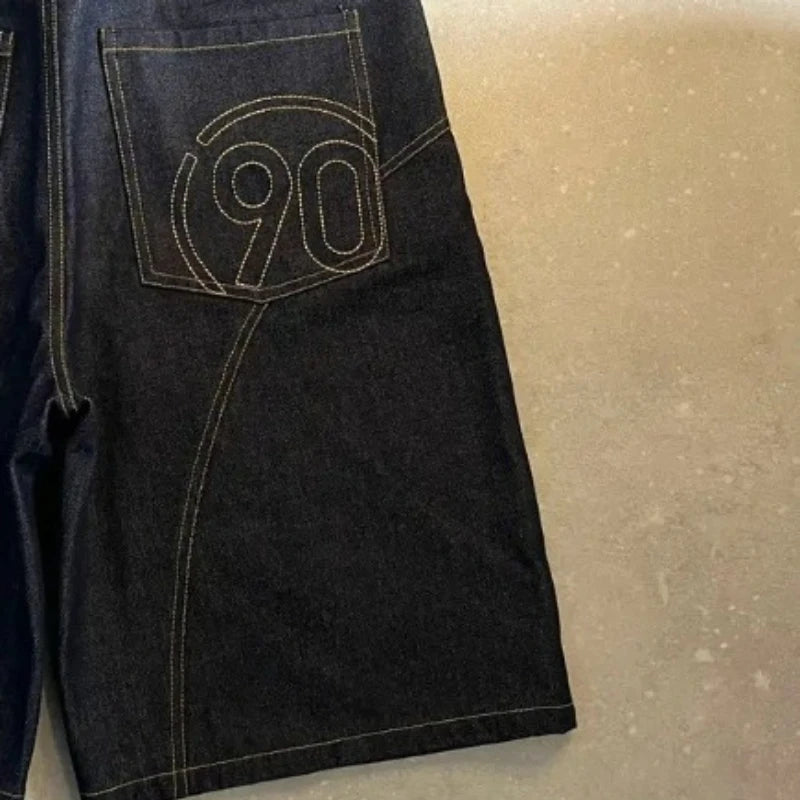 Y2K American Vintage Denim Shorts Embroidery Number 90 Pattern Bright Line Street Shorts Hip Hop Harajuku Unisex Wide Leg Pant