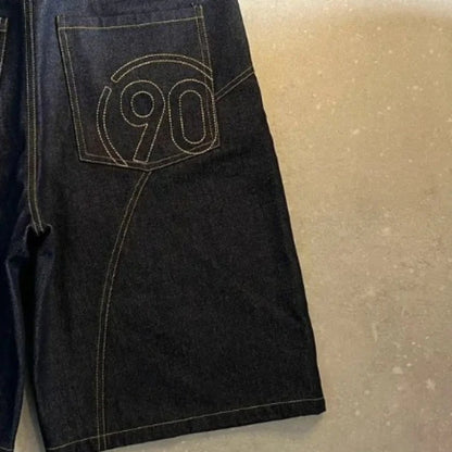 Y2K American Vintage Denim Shorts Embroidery Number 90 Pattern Bright Line Street Shorts Hip Hop Harajuku Unisex Wide Leg Pant