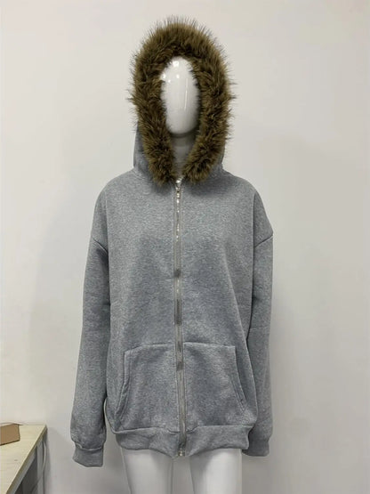 2000s Vintage Therian Fur Hood Jacket Y2k Goth Zip Up Hoodie Oversized Graphic Sweatshirt Emo Grunge Streetwear Fall Winter 2026