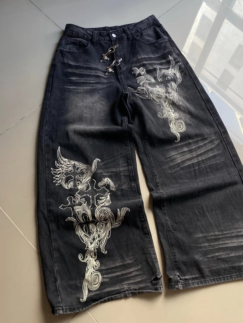 American New Fashion Oversized Print Black Old Baggy Jeans Women Y2K Harajuku Hip Hop Popular Casual Joker Wide-leg Pants