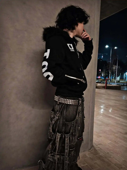 Y2K Japanese Harajuku Streetwear European Youth Rivet Fashion Wool Pullover Men's Urban Casual Hooded Hip-Hop Printed Sweatshirt