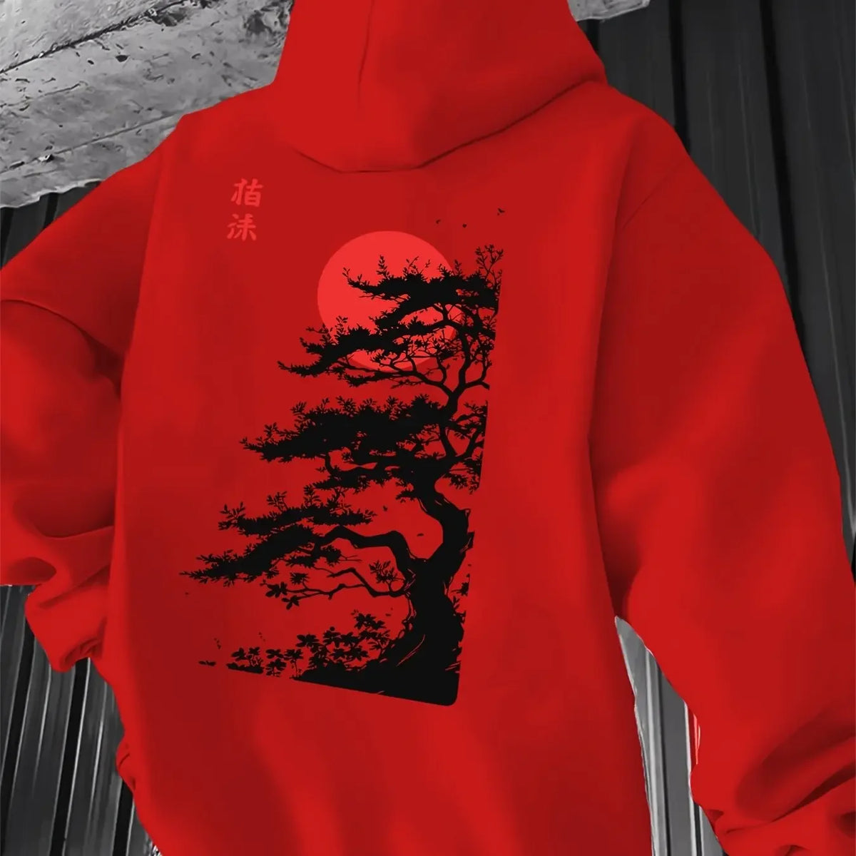 Men's Japanese Red Sun Pine Tree Graphic Hoodie Sweatshirt Sumi-e Ink Art Print Oriental Streetwear Oversized Pullover Autumn