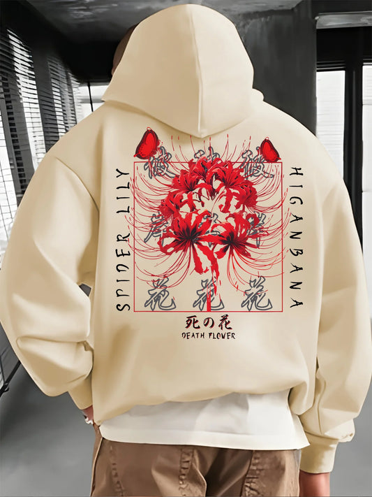 Streetwear Y2K trendy hip-hop style spider lily print men's autumn/winter hooded sweatshirt, fashionable, casual, loose fit.