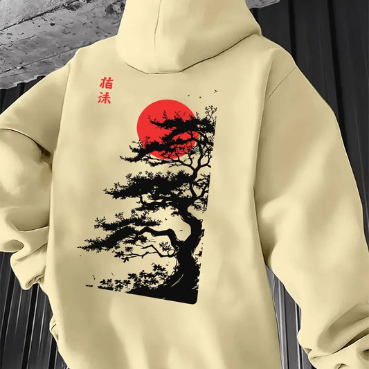 Men's Japanese Red Sun Pine Tree Graphic Hoodie Sweatshirt Sumi-e Ink Art Print Oriental Streetwear Oversized Pullover Autumn