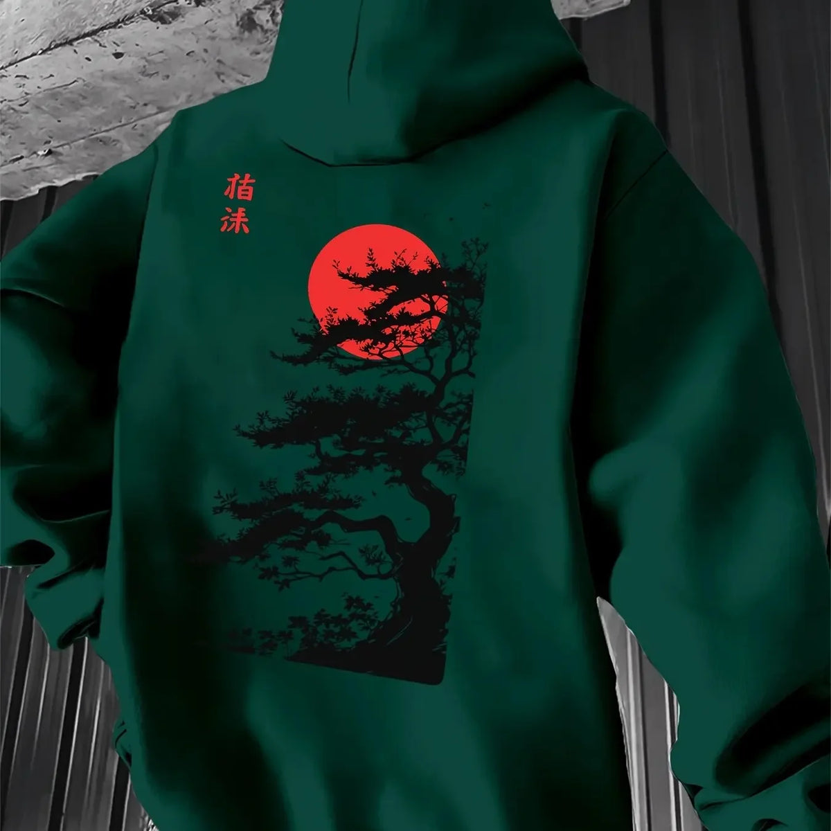 Men's Japanese Red Sun Pine Tree Graphic Hoodie Sweatshirt Sumi-e Ink Art Print Oriental Streetwear Oversized Pullover Autumn