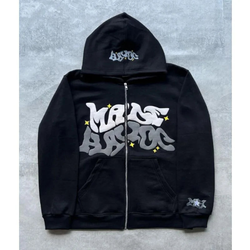 Autumn Fashion Retro Letter Printed Zipper Hoodies Men Women Y2K Section Lazy Trendy Versatile Cardigan hooded Jacket Clothes