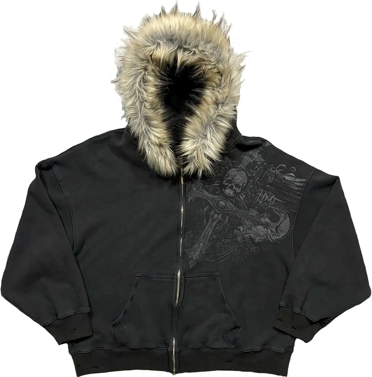2000s Vintage Therian Fur Hood Jacket Y2k Goth Zip Up Hoodie Oversized Graphic Sweatshirt Emo Grunge Streetwear Fall Winter 2026