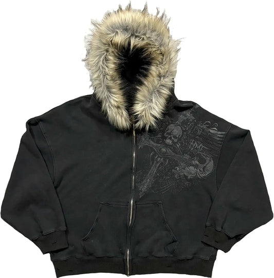 2000s Vintage Therian Fur Hood Jacket Y2k Goth Zip Up Hoodie Oversized Graphic Sweatshirt Emo Grunge Streetwear Fall Winter 2026
