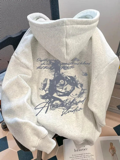Men's Vintage Rose Print Hoodie Sweatshirt Oversized Streetwear Cursive Letter Graphic Pullover Casual Sweatshirt Fall Winter