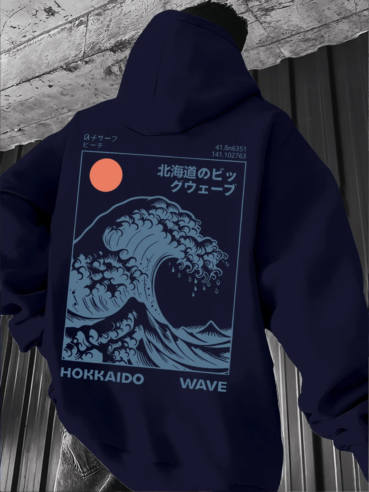 A men's hoodie with a retro style inspired by the refreshing sea waves at sunrise in an American style men's clothing streetwear