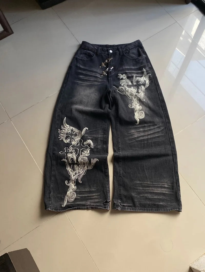 American New Fashion Oversized Print Black Old Baggy Jeans Women Y2K Harajuku Hip Hop Popular Casual Joker Wide-leg Pants