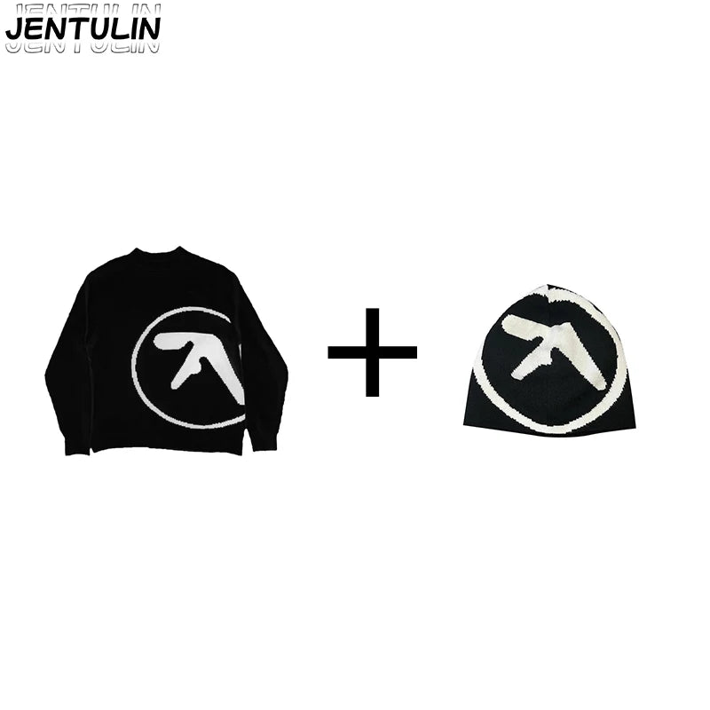 Men's Clothing Sweater And Cap Woman Y2K Aphex Twin Knit Set Pullovers Gothic Winter Graphic Streetwear Long Sleeve Tops Vintage