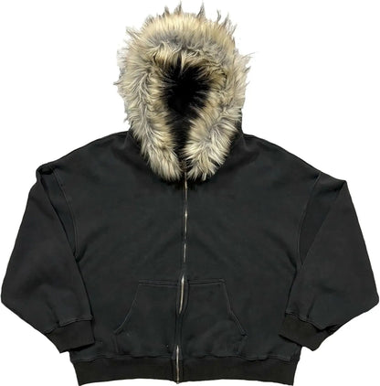 2000s Vintage Therian Fur Hood Jacket Y2k Goth Zip Up Hoodie Oversized Graphic Sweatshirt Emo Grunge Streetwear Fall Winter 2026
