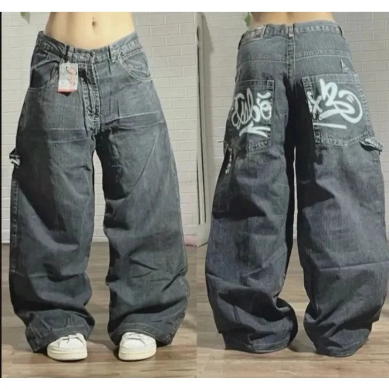 American New Fashion Oversized Print Black Old Baggy Jeans Women Y2K Harajuku Hip Hop Popular Casual Joker Wide-leg Pants