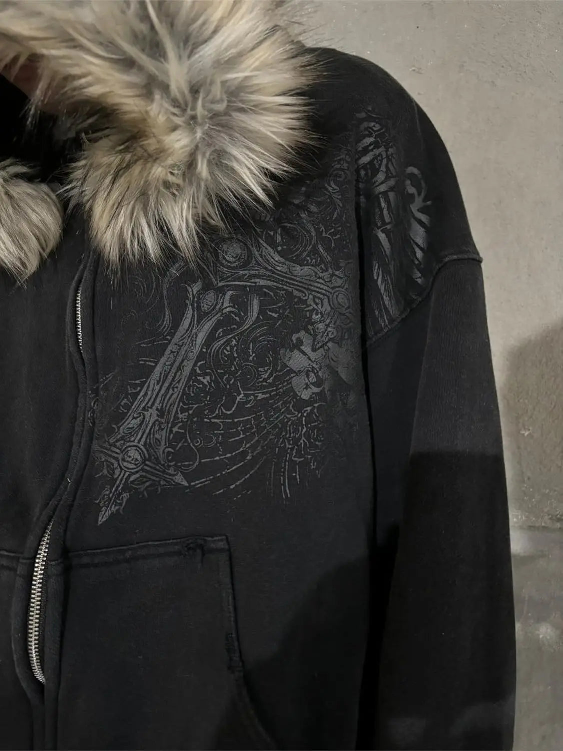 2000s Vintage Therian Fur Hood Jacket Y2k Goth Zip Up Hoodie Oversized Graphic Sweatshirt Emo Grunge Streetwear Fall Winter 2026