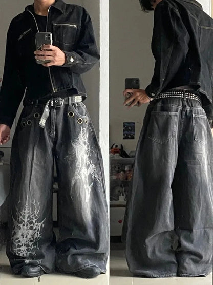 American New Fashion Oversized Print Black Old Baggy Jeans Women Y2K Harajuku Hip Hop Popular Casual Joker Wide-leg Pants