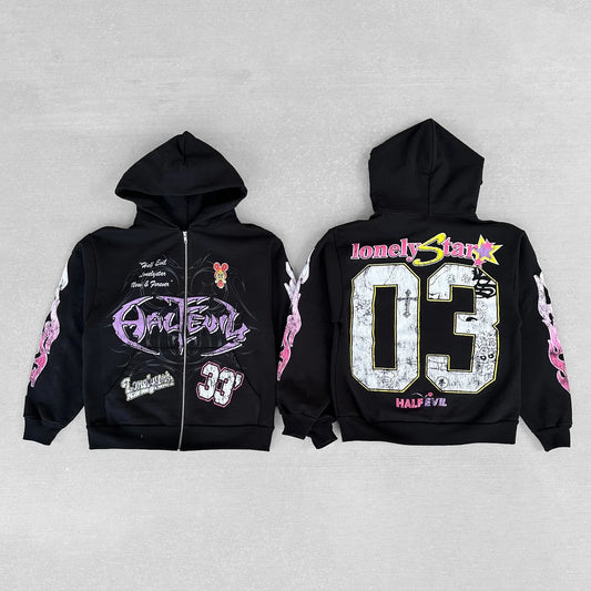 Harajuku Half Evi land Lonelystar Hoodies Grunge Oversized Hoodie Y2k Tops Casual Streetwear Sweatshirt Tracksuit Men Clothing