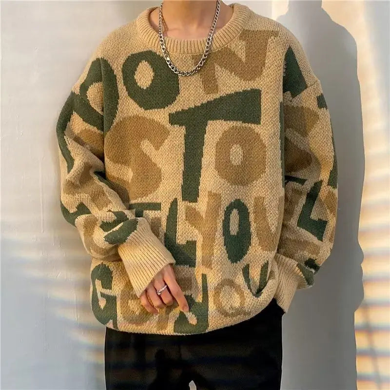 Autumn Winter Men's Trendy Vintage Letter Streetwear Knitted Sweater Y2K Youth Casual Round Neck Long Sleeve Loose Pullover Tops