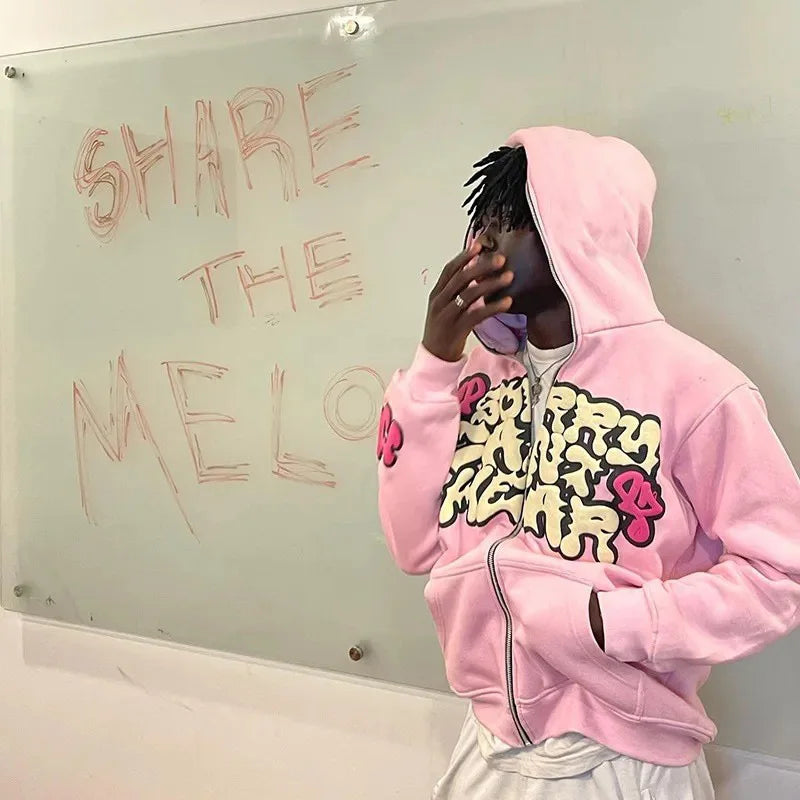 Fashion Long-sleeved Zipper Top Casual Men Hoodies Harajuku Jacket Letter Print Coat Men Jackets Pink Zip Hooded Sweatshirt Suit