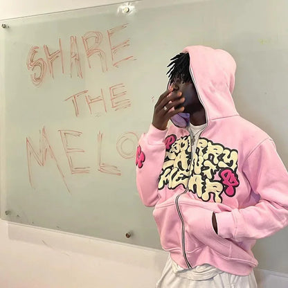 Fashion Long-sleeved Zipper Top Casual Men Hoodies Harajuku Jacket Letter Print Coat Men Jackets Pink Zip Hooded Sweatshirt Suit